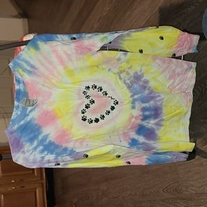Ladies long sleeve homemade tye dye shirt top with heart of paw prints. small